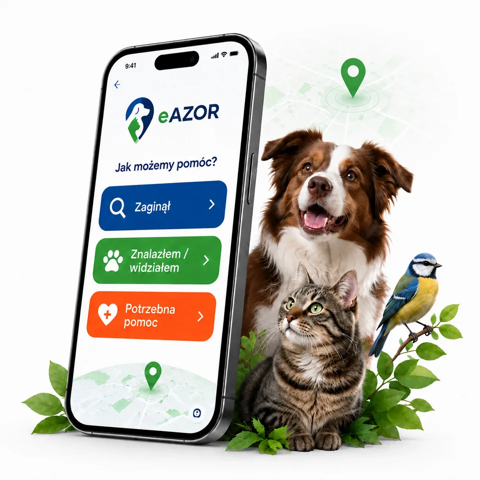 Telefon z eAZOR obok psa, kota i ptaka